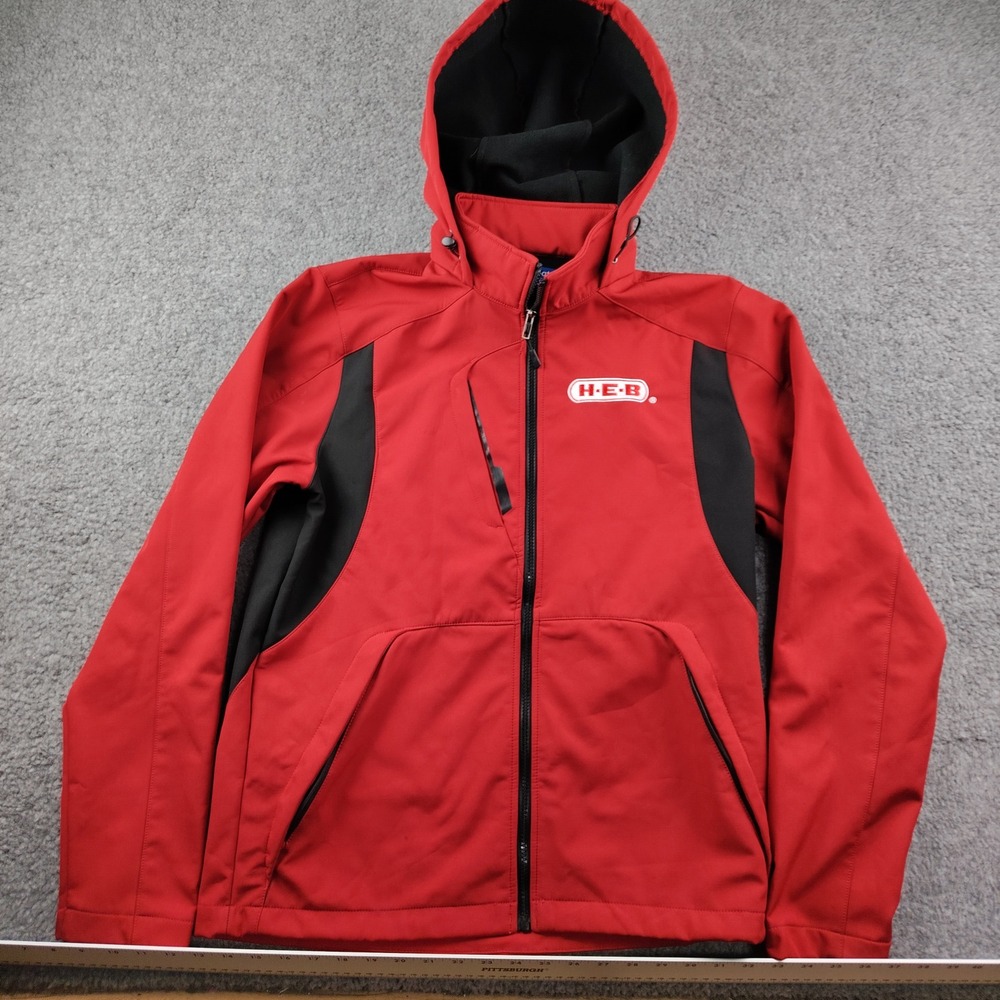 HEB Softshell Jacket Mens Medium Red Black Hooded Fleece Lined Employee Uniform
